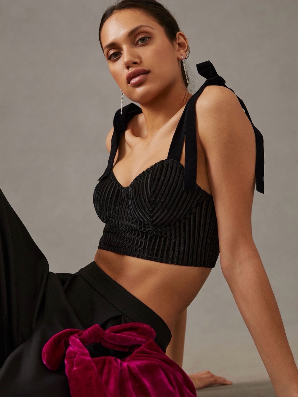 Anthropologie Black Velvet Tie-Shoulder Bustier Crop Top